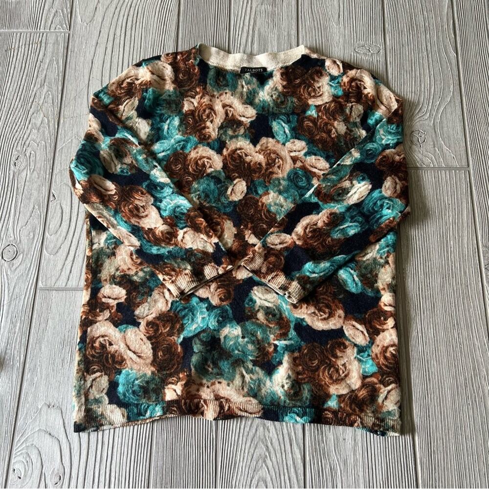 Talbots sweater Brown Blue Cream   Merino Wool 3/4 Sleeve Floral Rose